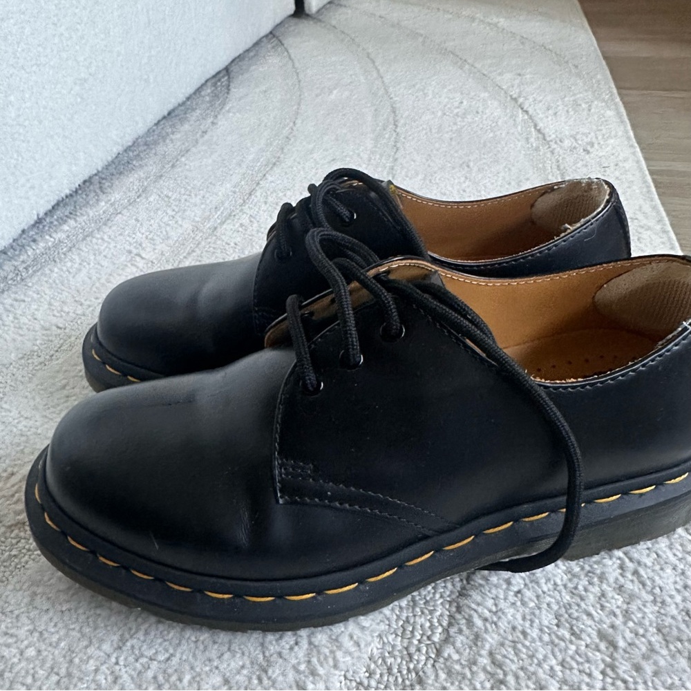 Dr. Martens Black Leather Oxfords with Yellow Stitching